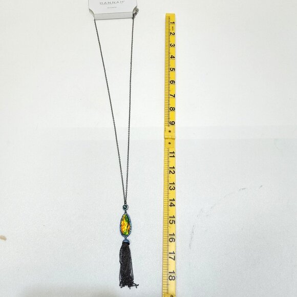 Hannah Accents 30" Single Strand Necklace Colorful Gemstone Pendant Black Tassel - Picture 1 of 6